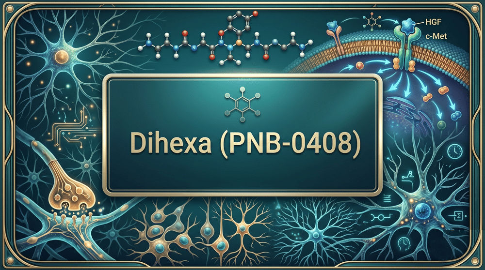 Dihexa (PNB-0408) clinical neurogenesis infographic: HGF binding kinetics, synaptic remodeling, and picomolar affinity protocol.